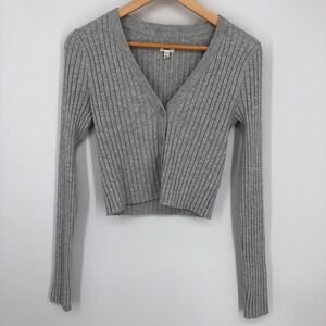 Aerie Womens Crop Cardigan Size Medium Gray Ribbed Button Up Fitted Stretchy‎